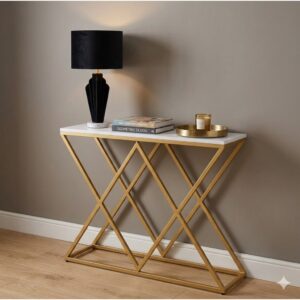 Bàn Console Trang Trí Sảnh - Chân Sắt Sơn Tĩnh Điện Mạ Vàng Luxury - Mặt Bàn Gỗ Công Nghiệp Phủ Melamine Trắng